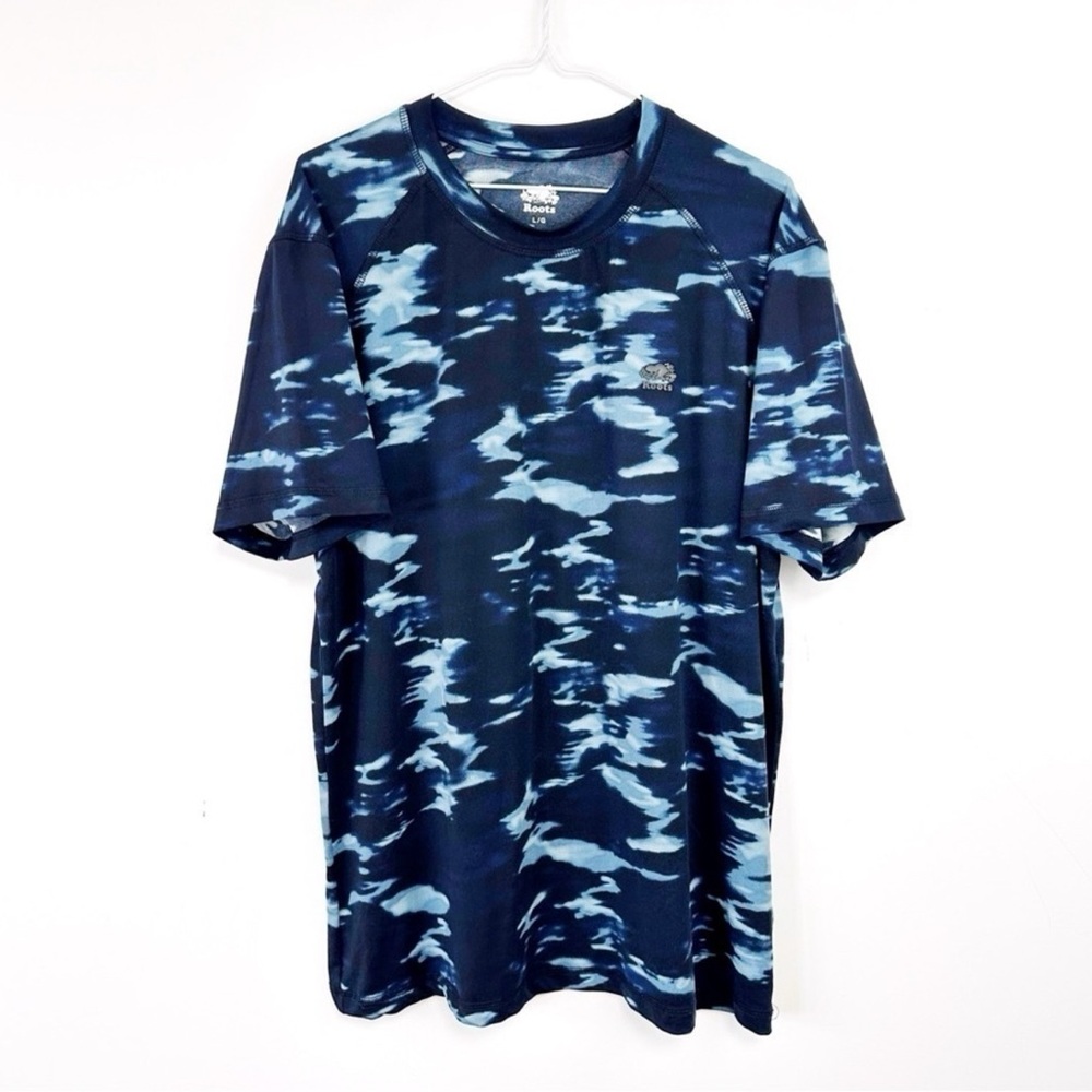 Roots Men Blue Camo Quick Dry Technical Shirt LARGE Activewear Outdoor Running